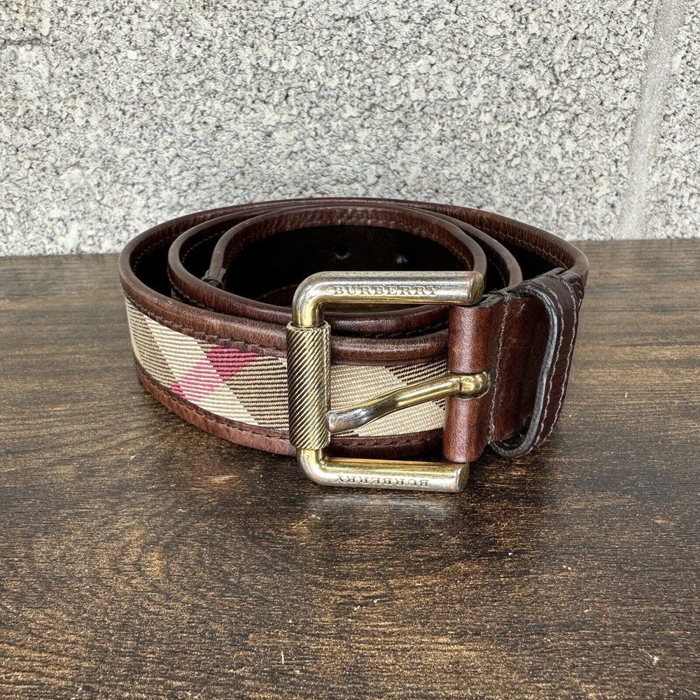 Vintage Burberry London Brown Leather & Nova Check Belt Size 32-80